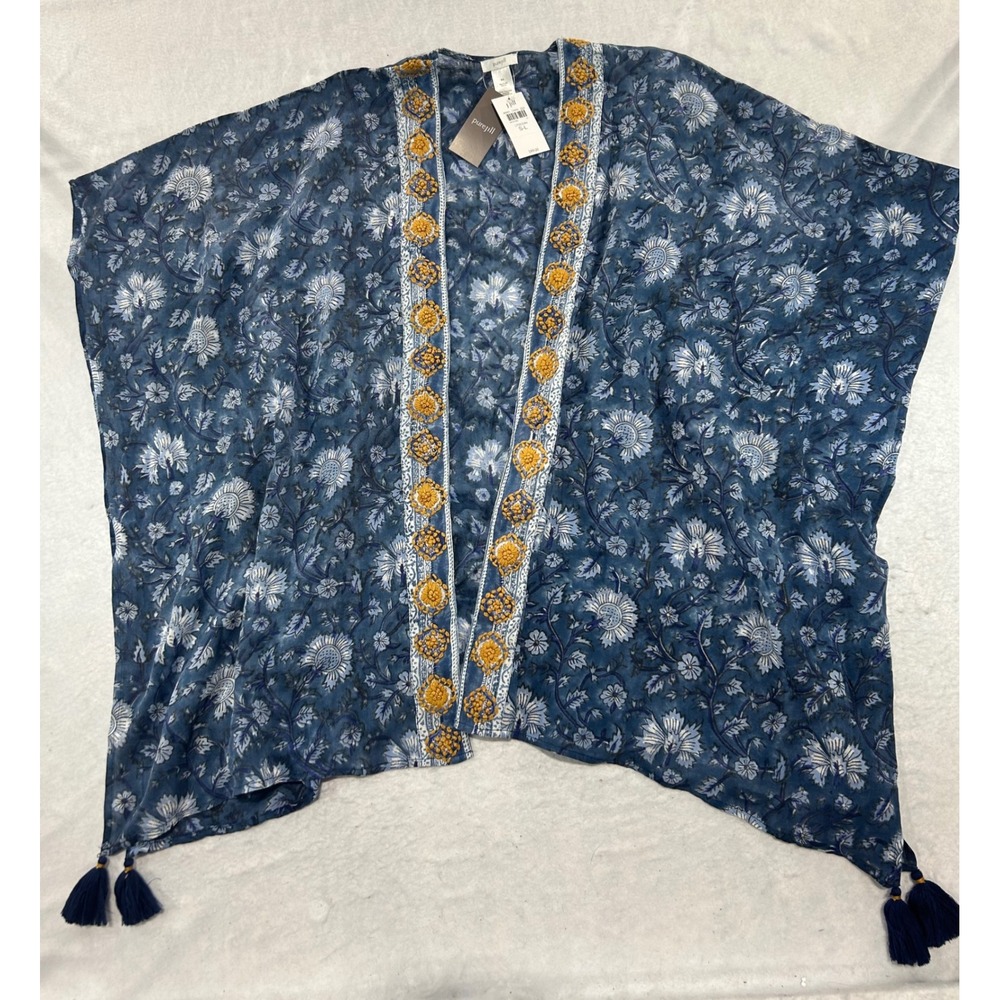 Pure Jill J Jill Blue Floral Hand Block Printed Kimono Wrap Tassel S-L NWT